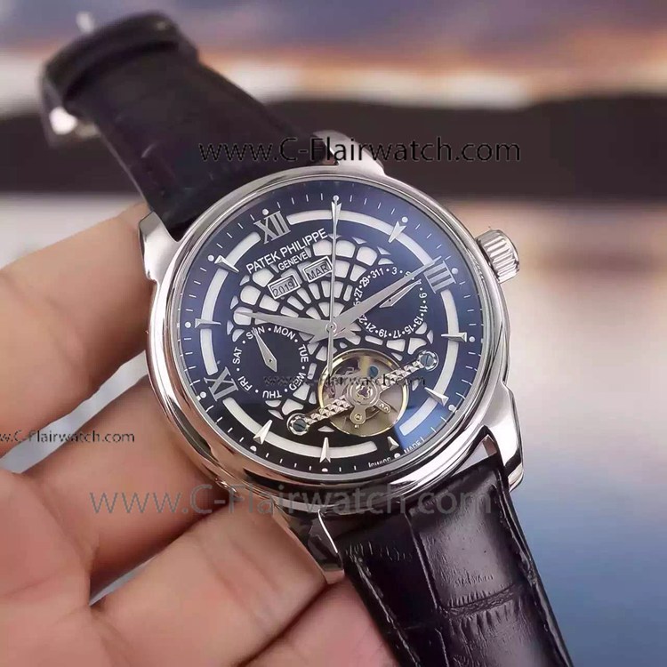 Copy Patek Philippe Tourbillon Black Skeleton Face Watch